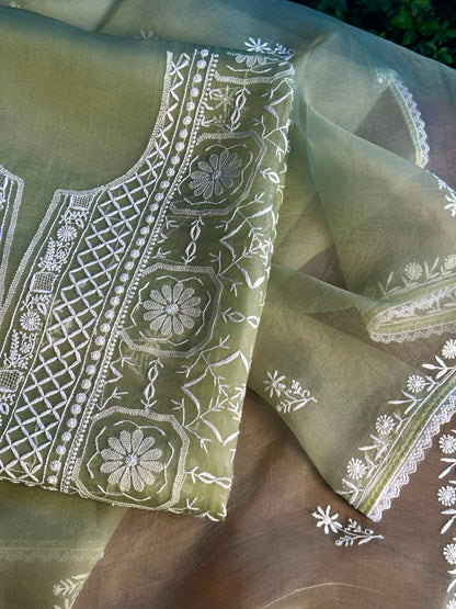 Sage Green Organza Chikankari Unstitched Suit Fabric