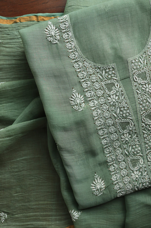 Sage Green Shade Mal Cotton Chikankari Unstitched Fabrics With Kamdani