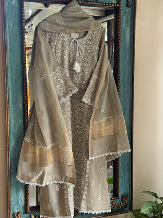 Sage Green Shade Malmal Straight Cut Chikankari Kamdani Kurta Set