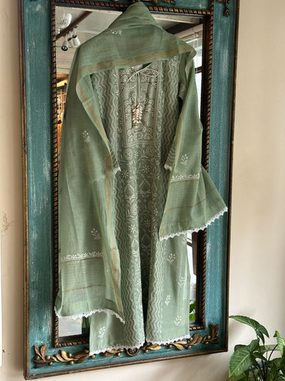 Sage Green Shade Malmal Straight Cut Chikankari Kamdani Kurta Set
