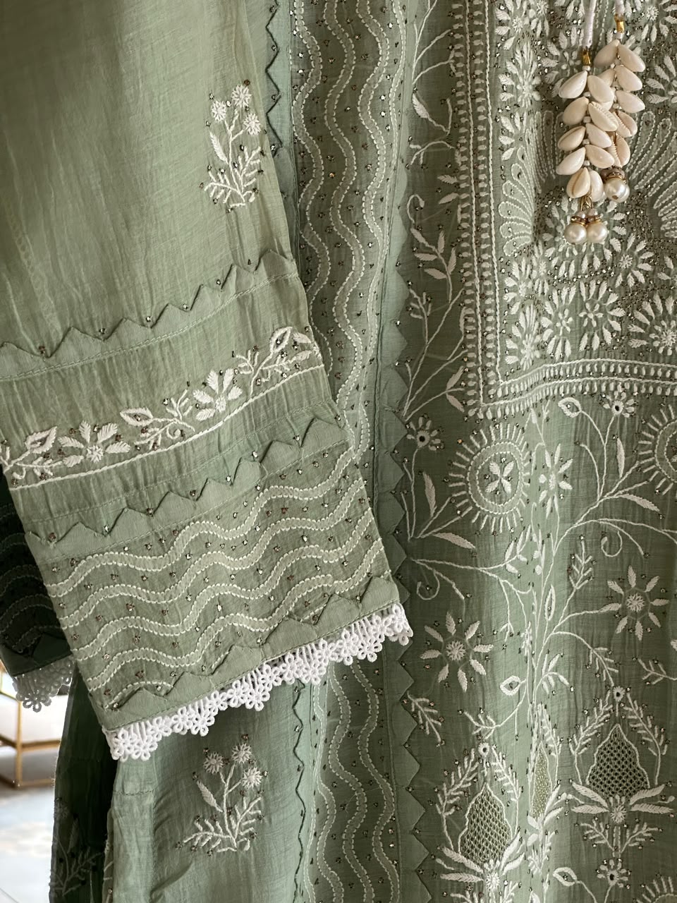 Sage Green Shade Malmal Straight Cut Chikankari Kamdani Kurta Set