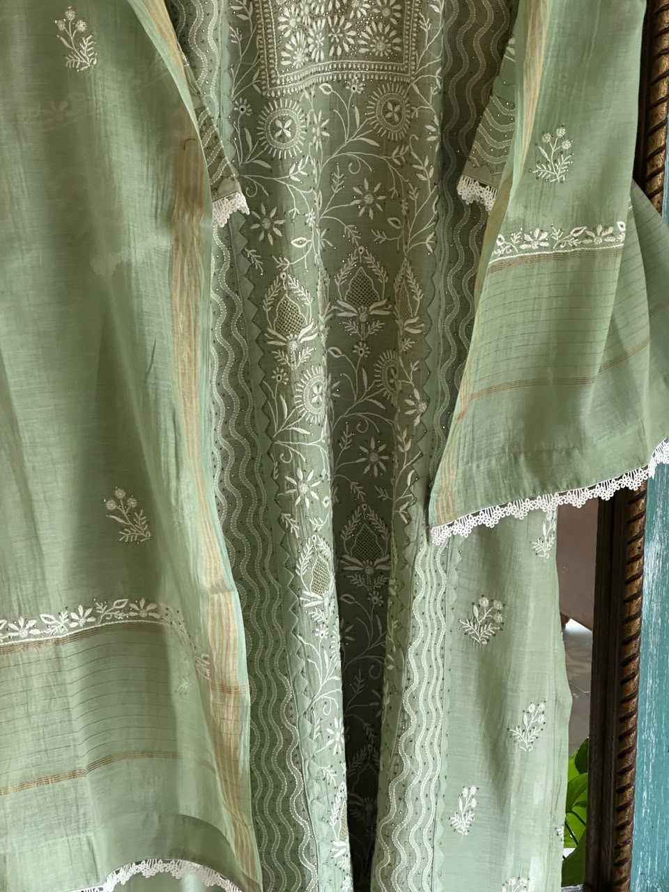 Sage Green Shade Malmal Straight Cut Chikankari Kamdani Kurta Set