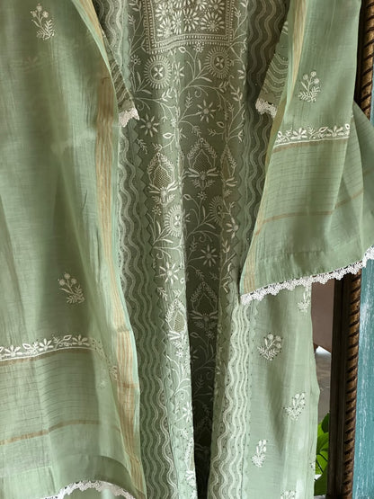 Sage Green Shade Malmal Straight Cut Chikankari Kamdani Kurta Set