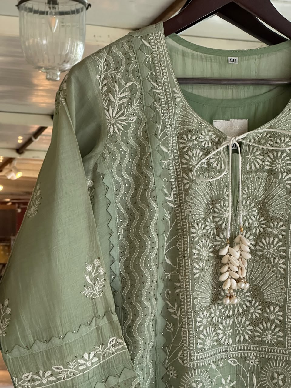 Sage Green Shade Malmal Straight Cut Chikankari Kamdani Kurta Set