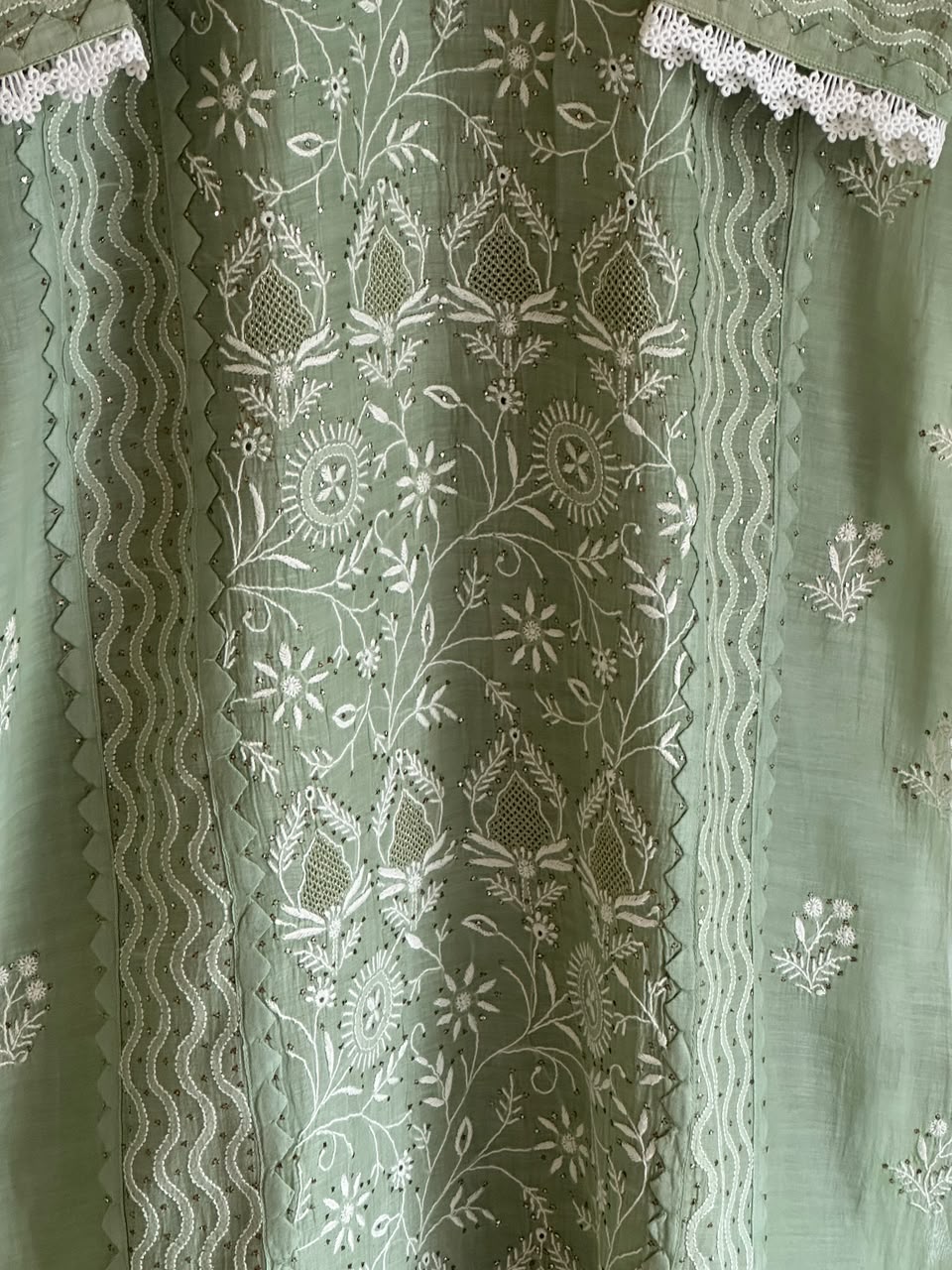 Sage Green Shade Malmal Straight Cut Chikankari Kamdani Kurta Set