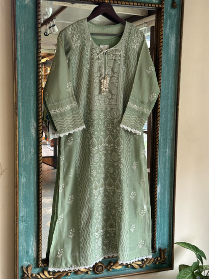 Sage Green Shade Malmal Straight Cut Chikankari Kamdani Kurta Set