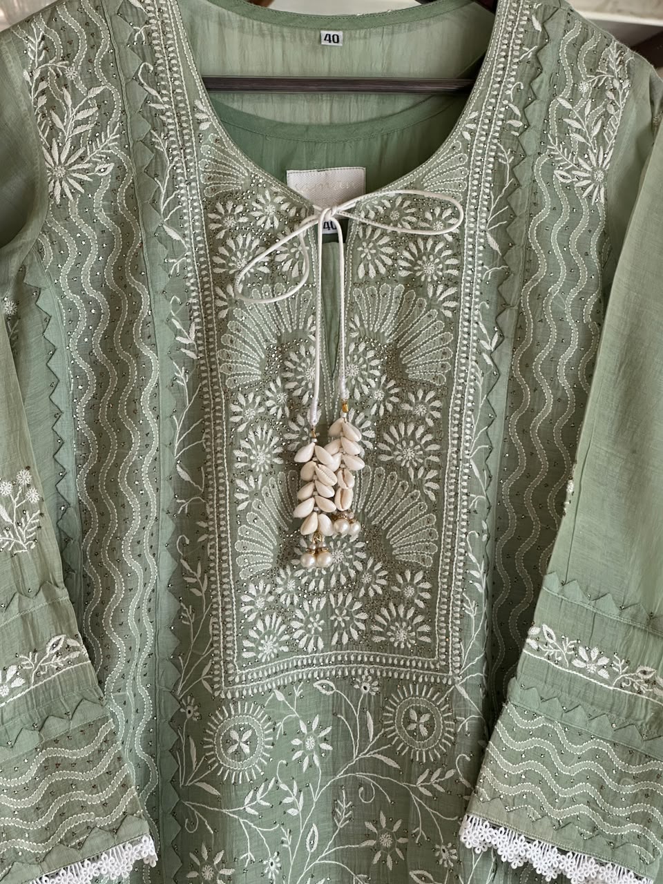 Sage Green Shade Malmal Straight Cut Chikankari Kamdani Kurta Set