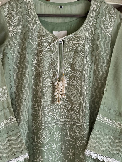 Sage Green Shade Malmal Straight Cut Chikankari Kamdani Kurta Set
