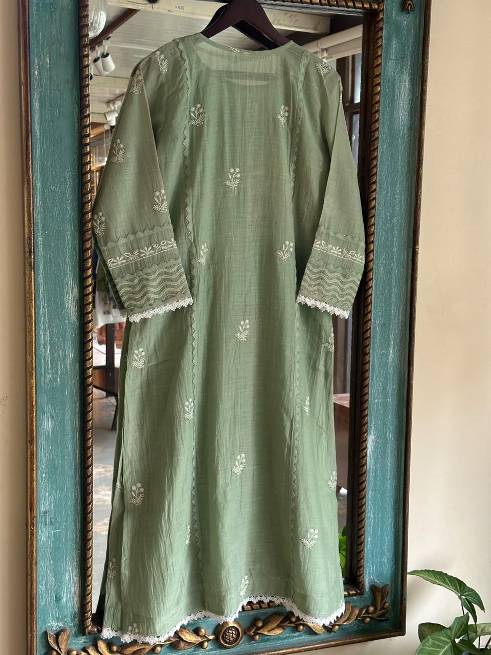 Sage Green Shade Malmal Straight Cut Chikankari Kamdani Kurta Set