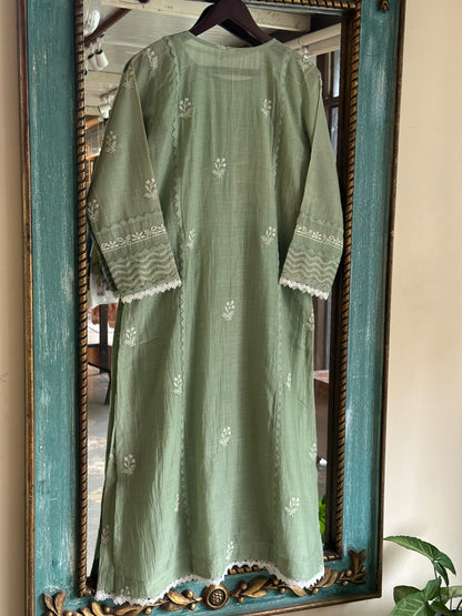 Sage Green Shade Malmal Straight Cut Chikankari Kamdani Kurta Set