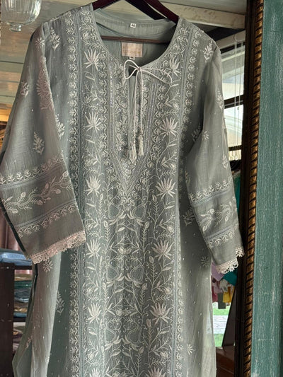 Sage Green Shade Mulmul Pearl White Chikankari Kurta Dupatta Set