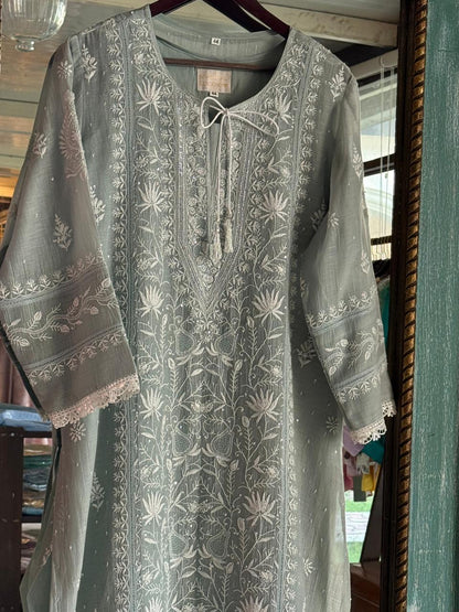 Sage Green Shade Mulmul Pearl White Chikankari Kurta Dupatta Set