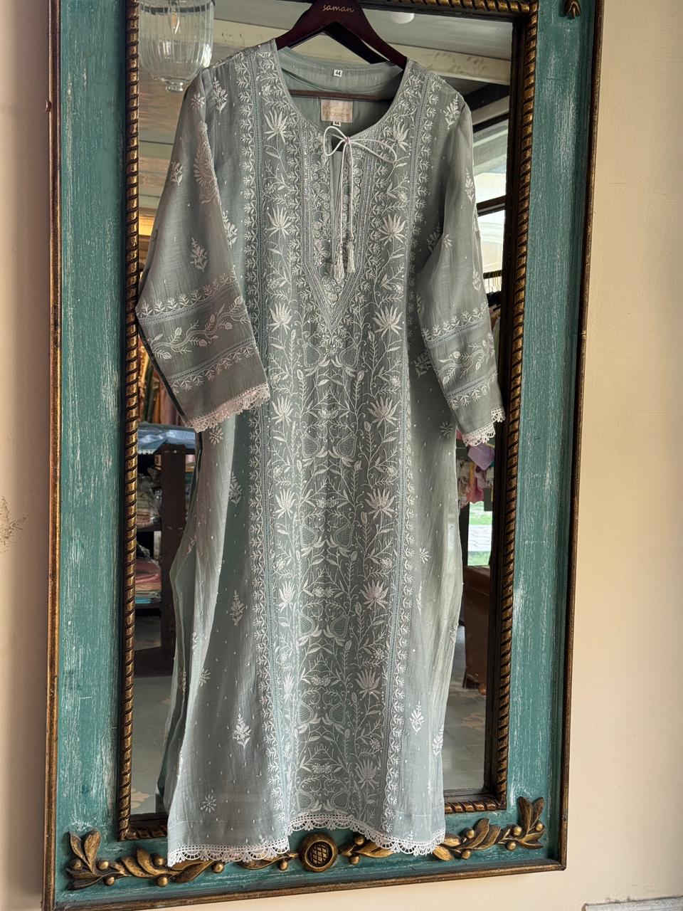 Sage Green Shade Mulmul Pearl White Chikankari Kurta Dupatta Set