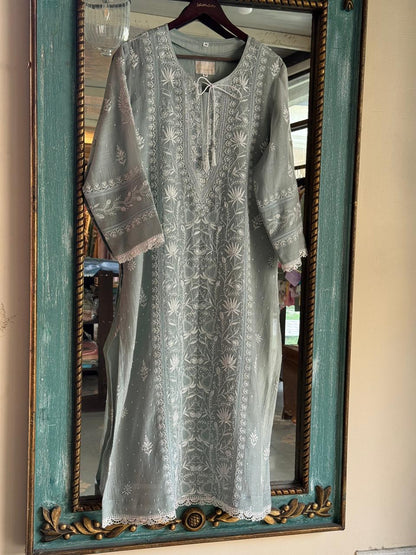 Sage Green Shade Mulmul Pearl White Chikankari Kurta Dupatta Set