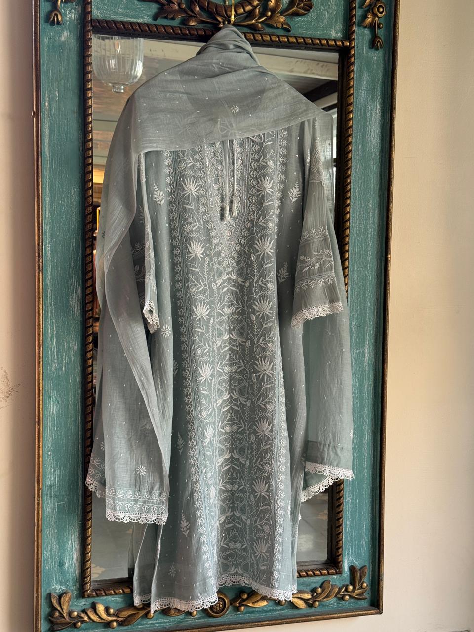Sage Green Shade Mulmul Pearl White Chikankari Kurta Dupatta Set