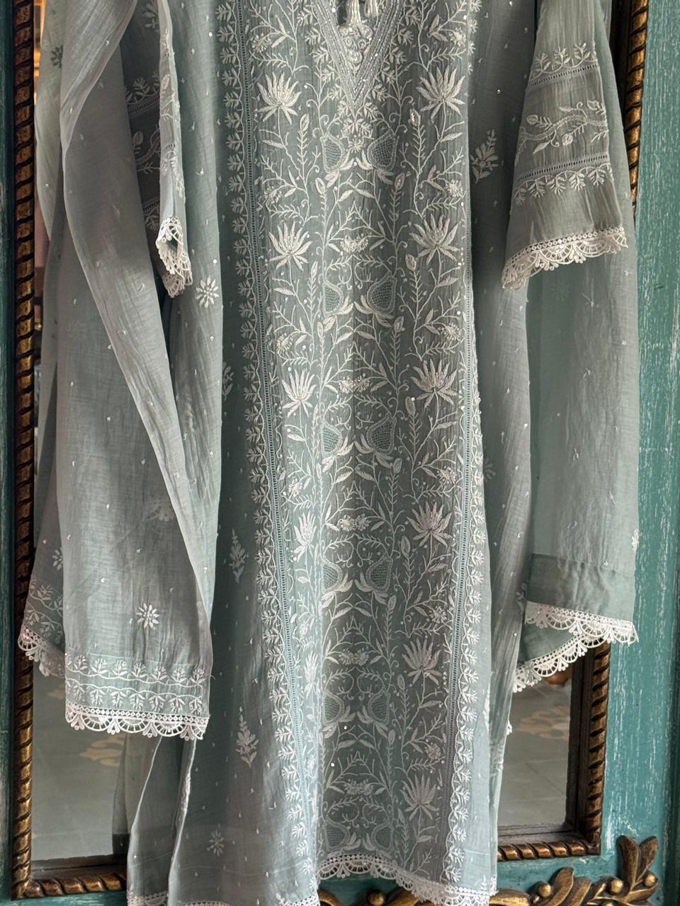 Sage Green Shade Mulmul Pearl White Chikankari Kurta Dupatta Set