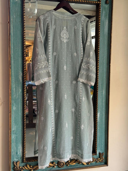 Sage Green Shade Mulmul Pearl White Chikankari Kurta Dupatta Set