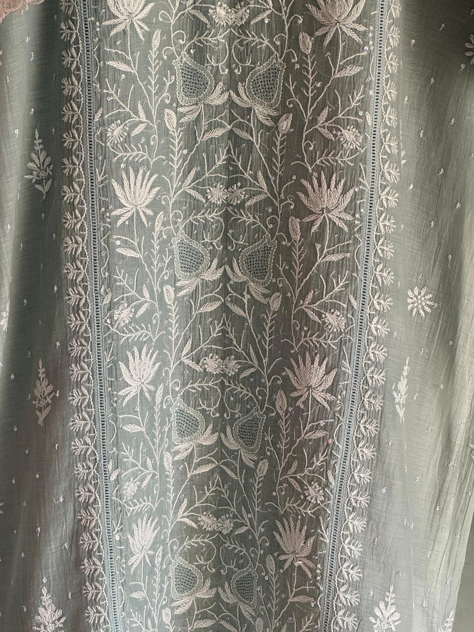 Sage Green Shade Mulmul Pearl White Chikankari Kurta Dupatta Set