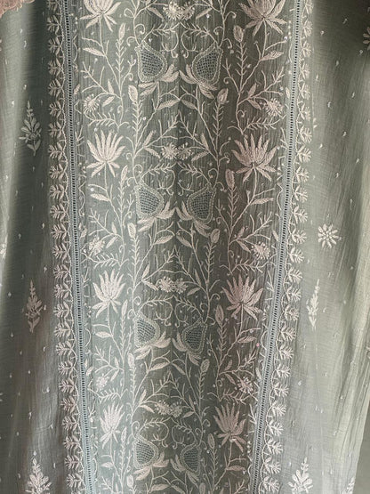 Sage Green Shade Mulmul Pearl White Chikankari Kurta Dupatta Set