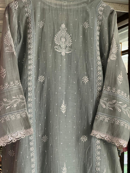 Sage Green Shade Mulmul Pearl White Chikankari Kurta Dupatta Set
