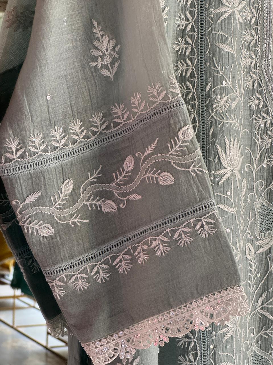 Sage Green Shade Mulmul Pearl White Chikankari Kurta Dupatta Set