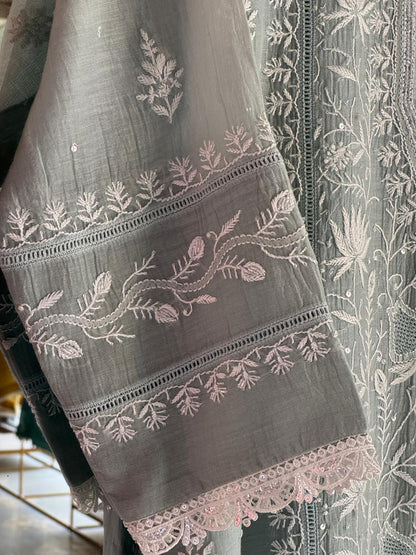 Sage Green Shade Mulmul Pearl White Chikankari Kurta Dupatta Set
