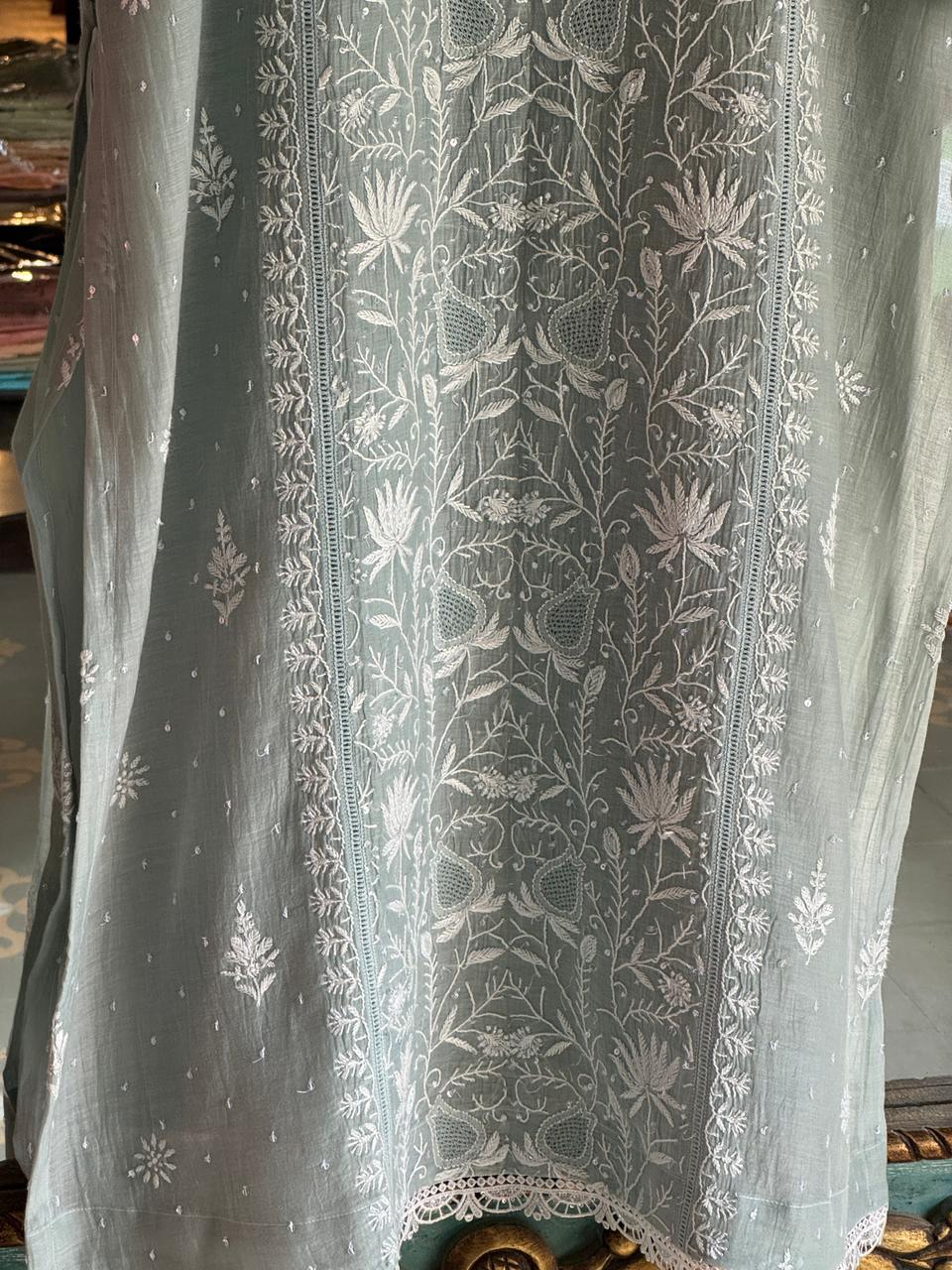 Sage Green Shade Mulmul Pearl White Chikankari Kurta Dupatta Set