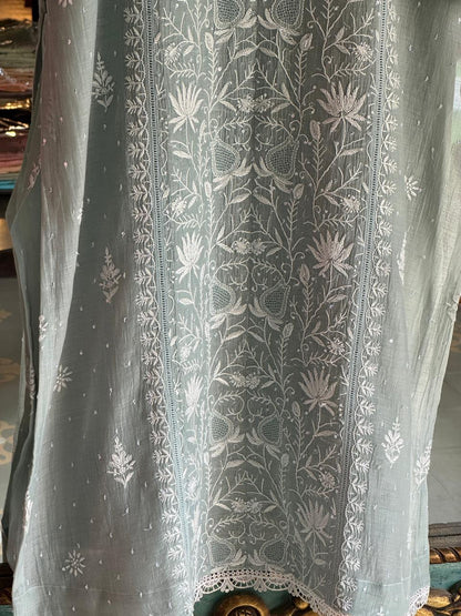Sage Green Shade Mulmul Pearl White Chikankari Kurta Dupatta Set