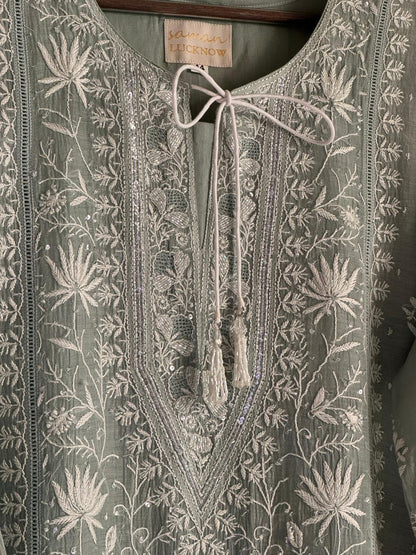 Sage Green Shade Mulmul Pearl White Chikankari Kurta Dupatta Set