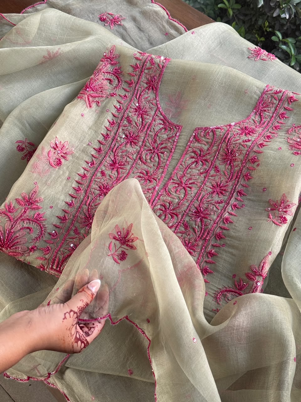 Sage Green Shade Noor Organza Silk Chikankari Unstitched Kurta Dupatta Set