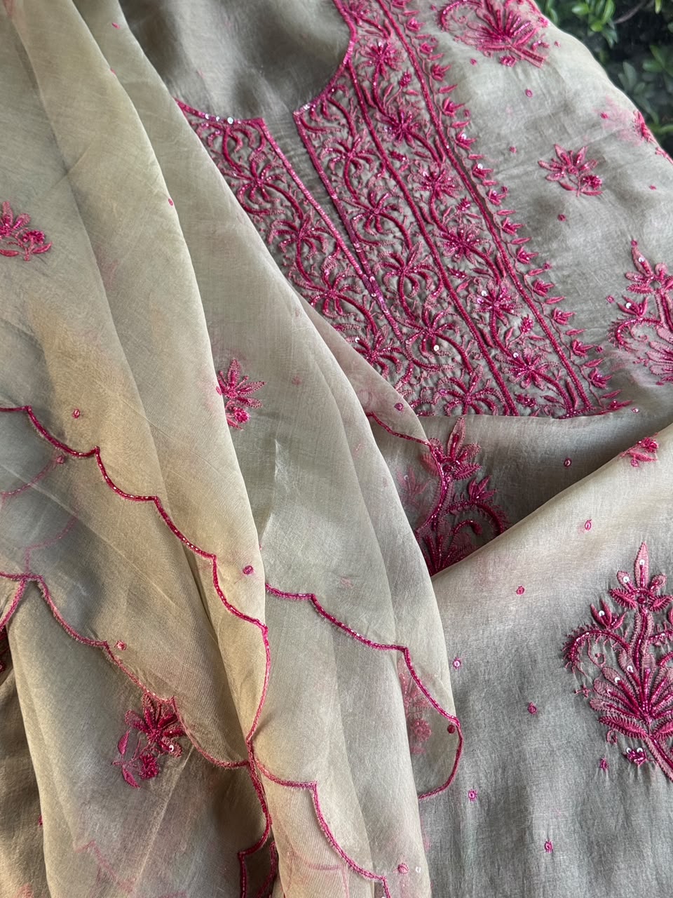 Sage Green Shade Noor Organza Silk Chikankari Unstitched Kurta Dupatta Set