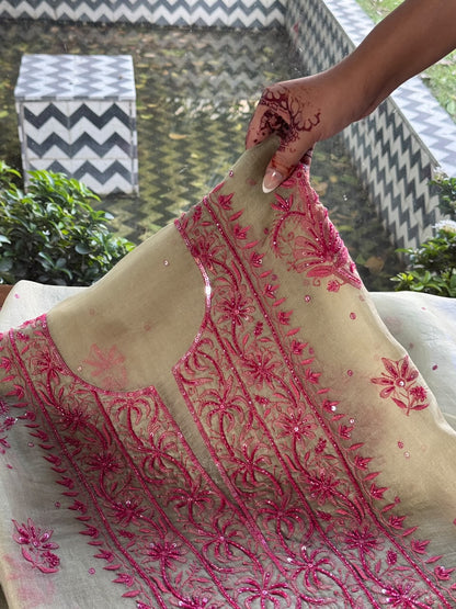 Sage Green Shade Noor Organza Silk Chikankari Unstitched Kurta Dupatta Set