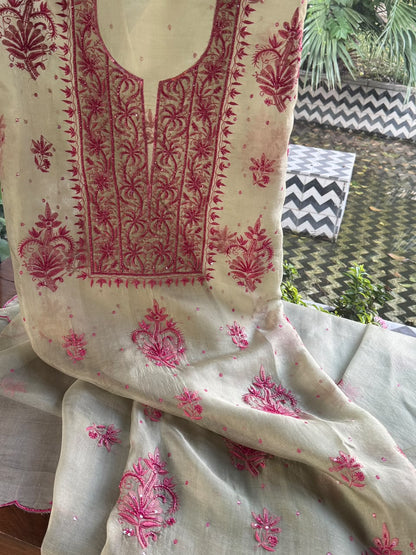 Sage Green Shade Noor Organza Silk Chikankari Unstitched Kurta Dupatta Set