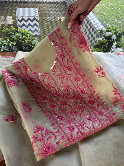 Sage Green Shade Noor Organza Silk Chikankari Unstitched Kurta Dupatta Set