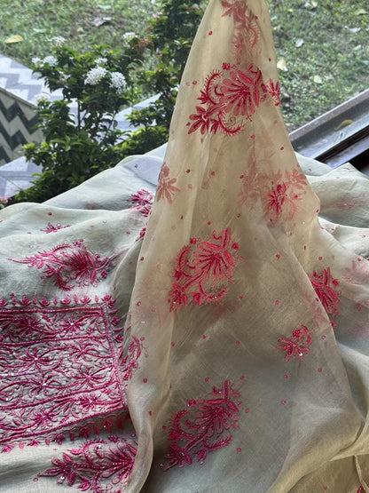 Sage Green Shade Noor Organza Silk Chikankari Unstitched Kurta Dupatta Set