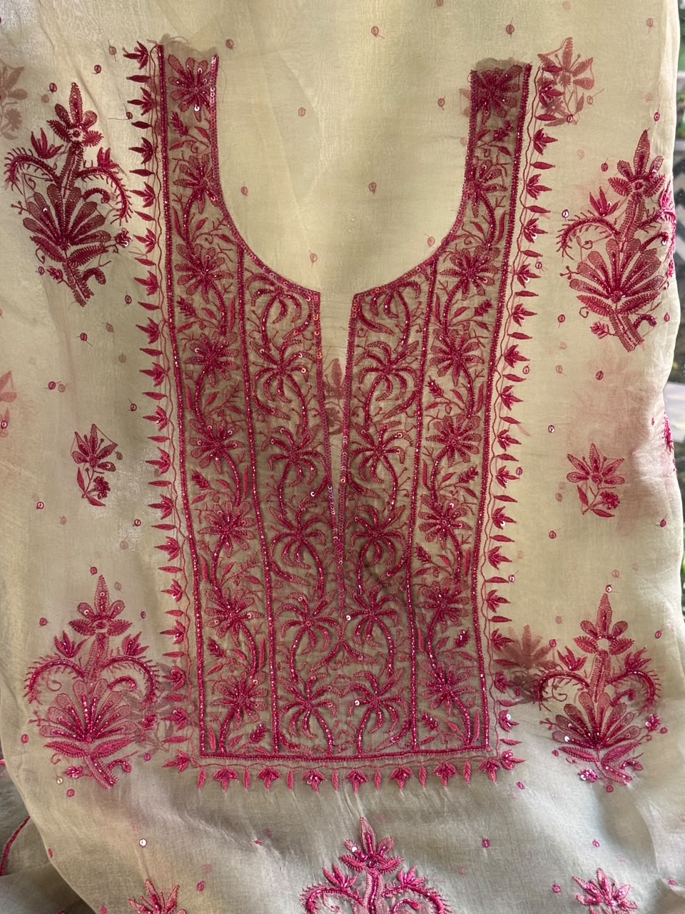 Sage Green Shade Noor Organza Silk Chikankari Unstitched Kurta Dupatta Set