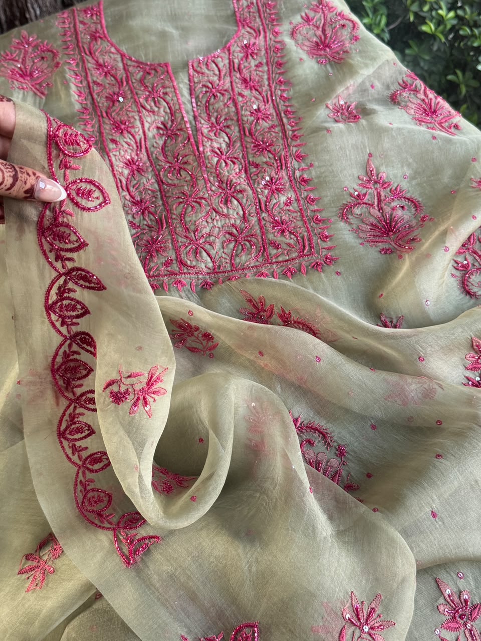 Sage Green Shade Noor Organza Silk Chikankari Unstitched Kurta Dupatta Set