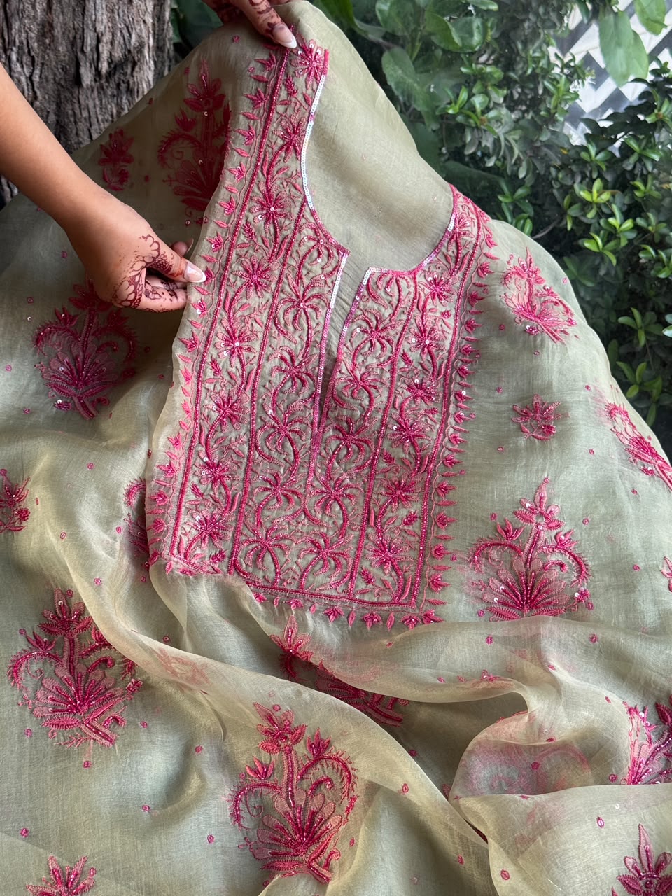 Sage Green Shade Noor Organza Silk Chikankari Unstitched Kurta Dupatta Set