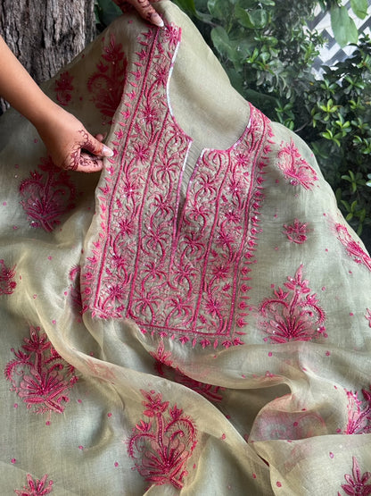 Sage Green Shade Noor Organza Silk Chikankari Unstitched Kurta Dupatta Set