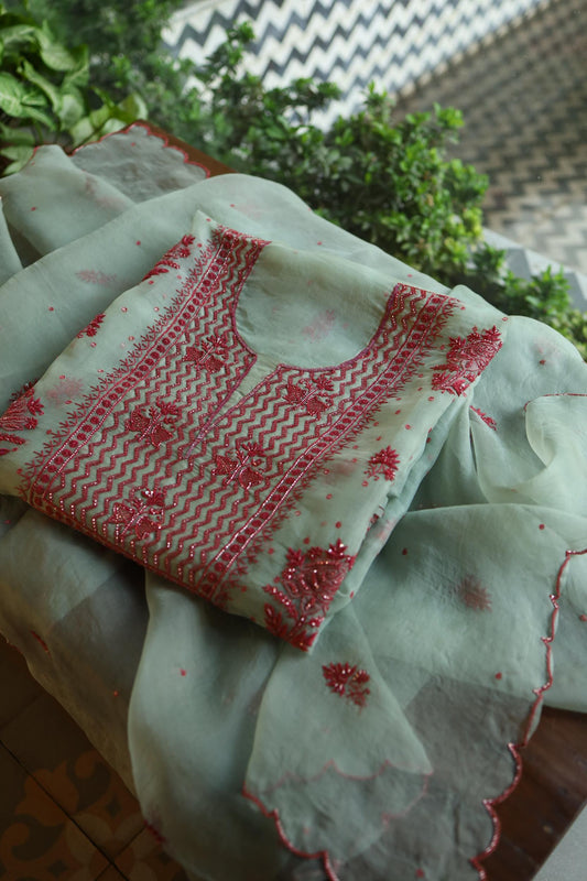 Sage Green Shade Organza Silk Chikankari Unstitched Fabric