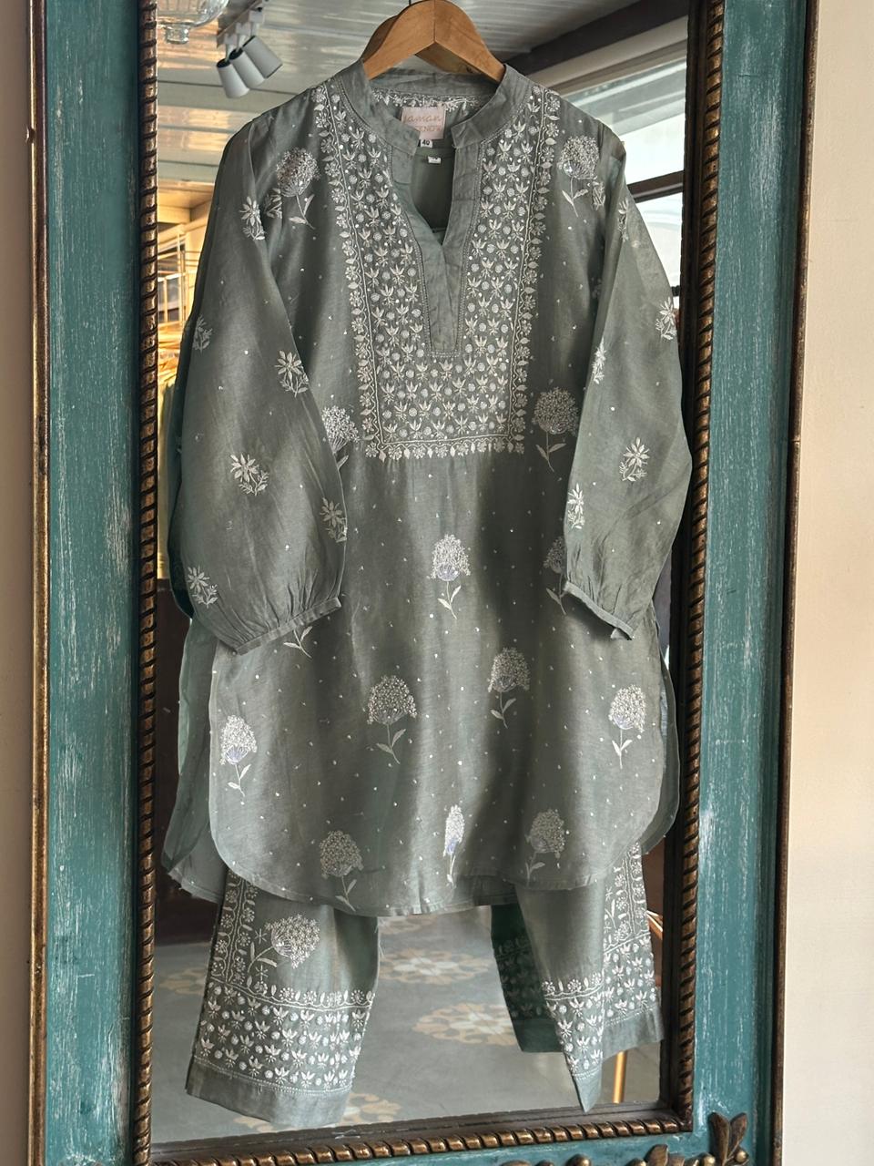 Sage Green Shade Tissue Silk Chikankari Co-Ord Set