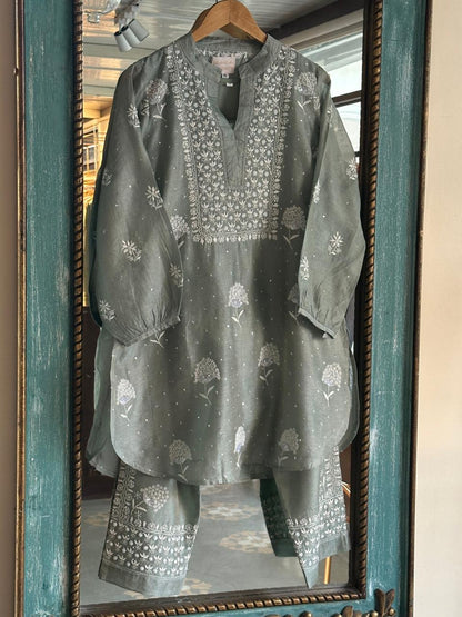 Sage Green Shade Tissue Silk Chikankari Co-Ord Set