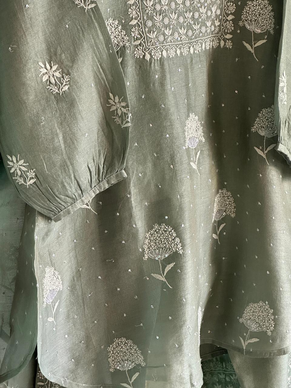 Sage Green Shade Tissue Silk Chikankari Co-Ord Set
