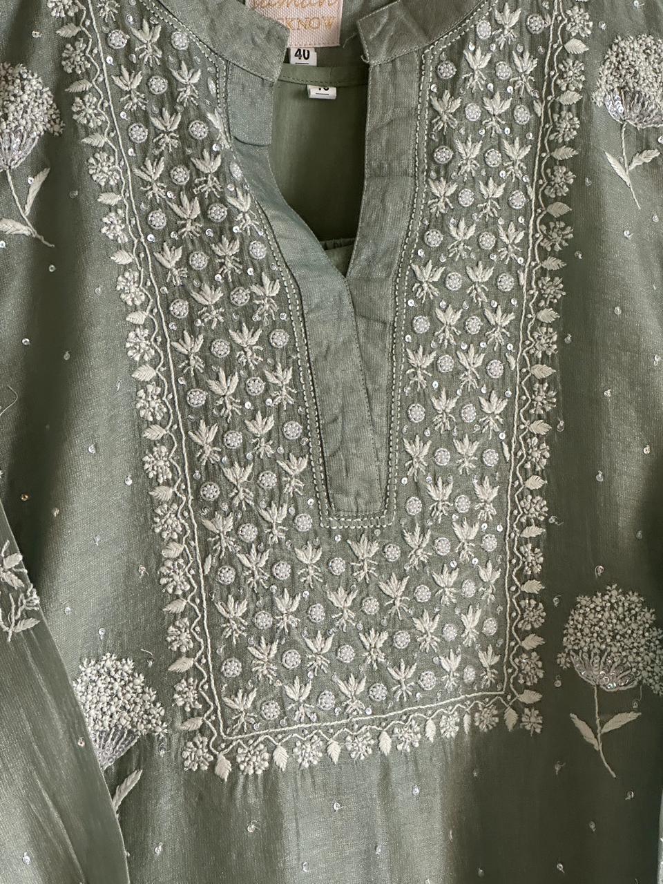 Sage Green Shade Tissue Silk Chikankari Co-Ord Set