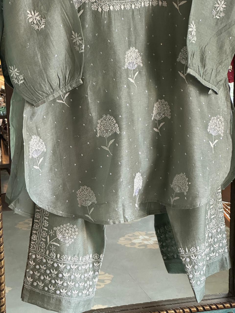 Sage Green Shade Tissue Silk Chikankari Co-Ord Set