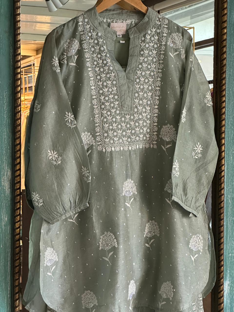 Sage Green Shade Tissue Silk Chikankari Co-Ord Set