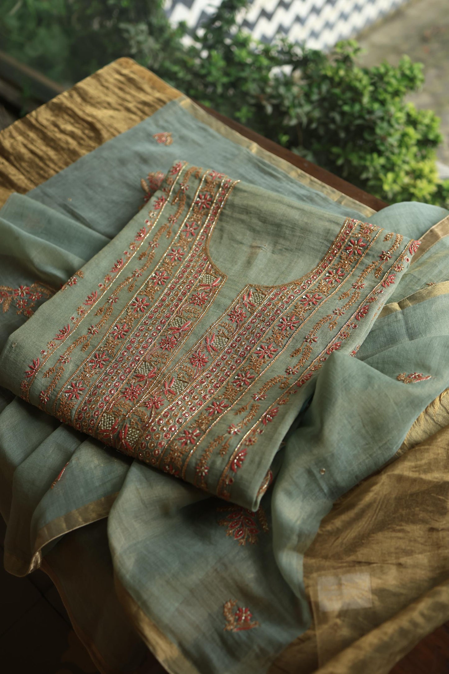 Sage Green Shade Tissue Silk Chikankari Unstitched Fabric