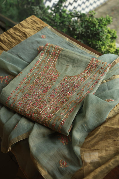 Sage Green Shade Tissue Silk Chikankari Unstitched Fabric