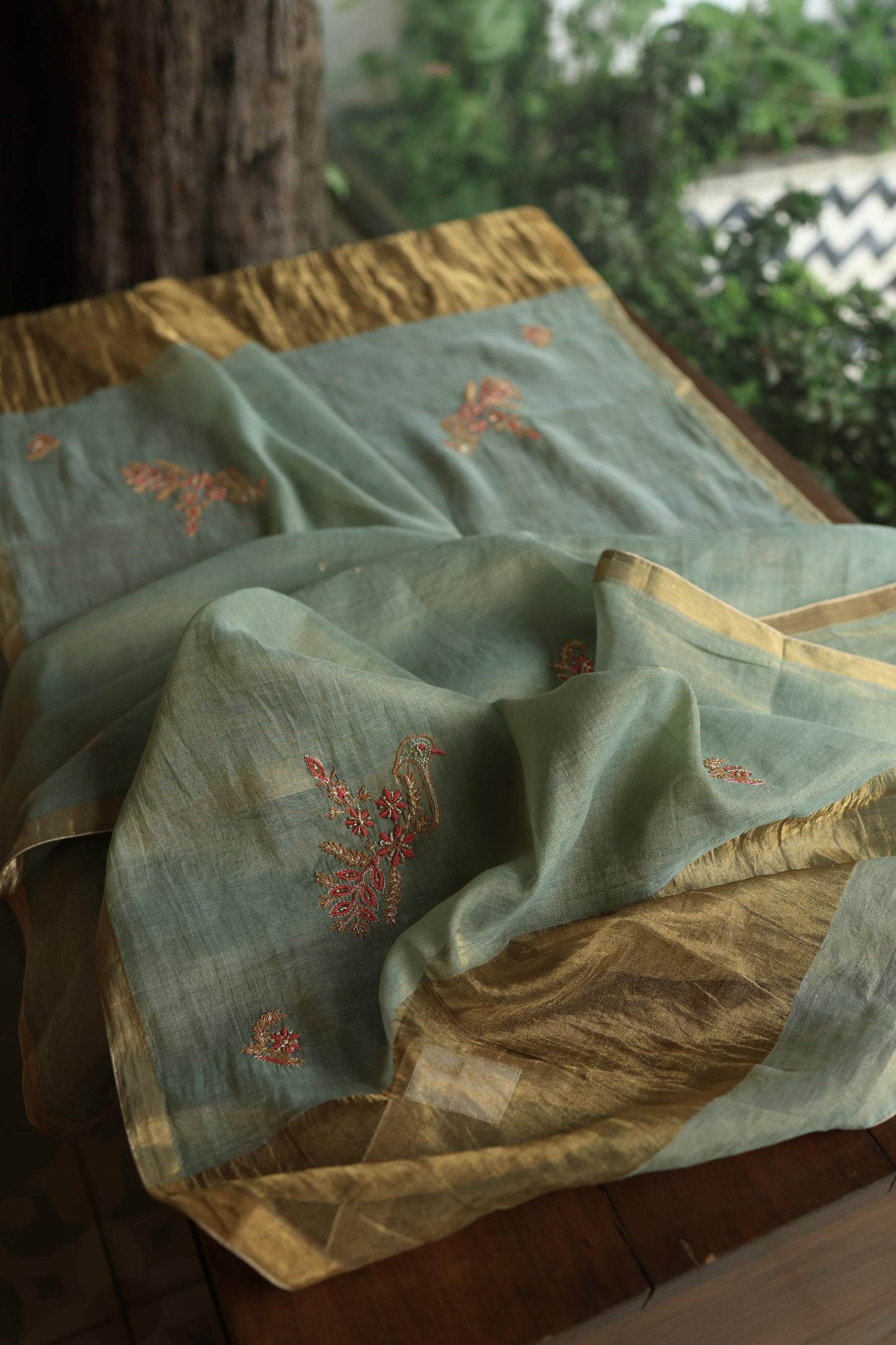 Sage Green Shade Tissue Silk Chikankari Unstitched Fabric