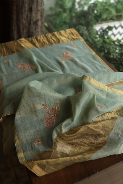 Sage Green Shade Tissue Silk Chikankari Unstitched Fabric